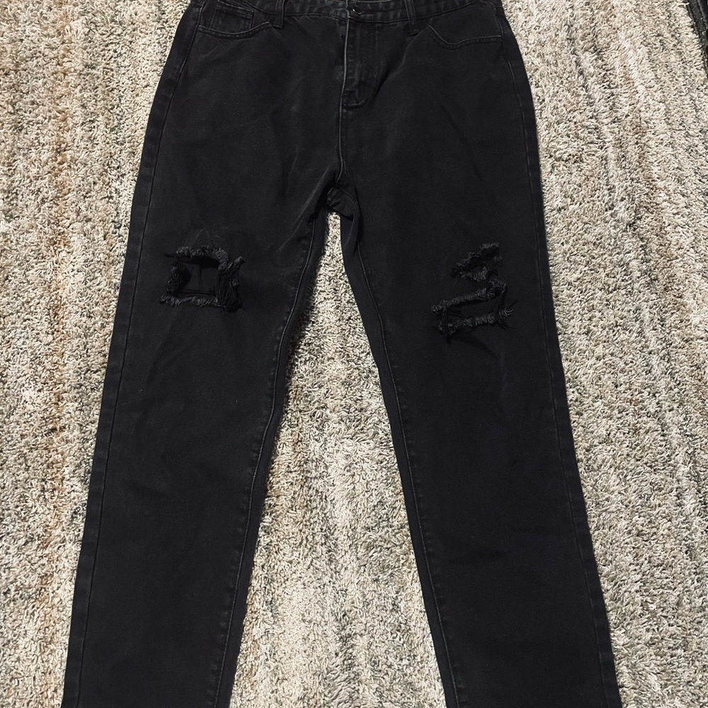 ROMWE Black Distressed Straight Leg Pants